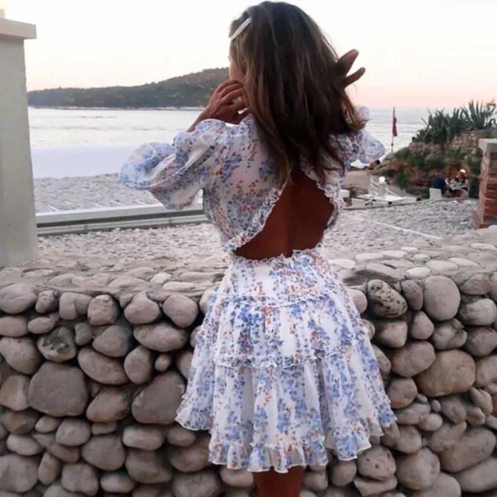 022 Boho Print V neck open back ruffle dress - Picture 5 of 13